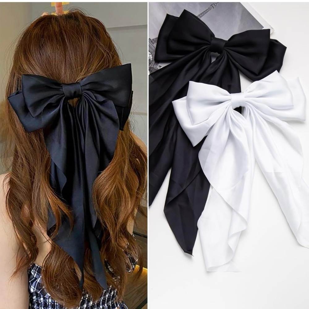 Black & White Long Hair Bows w/clips 2pc Brand New